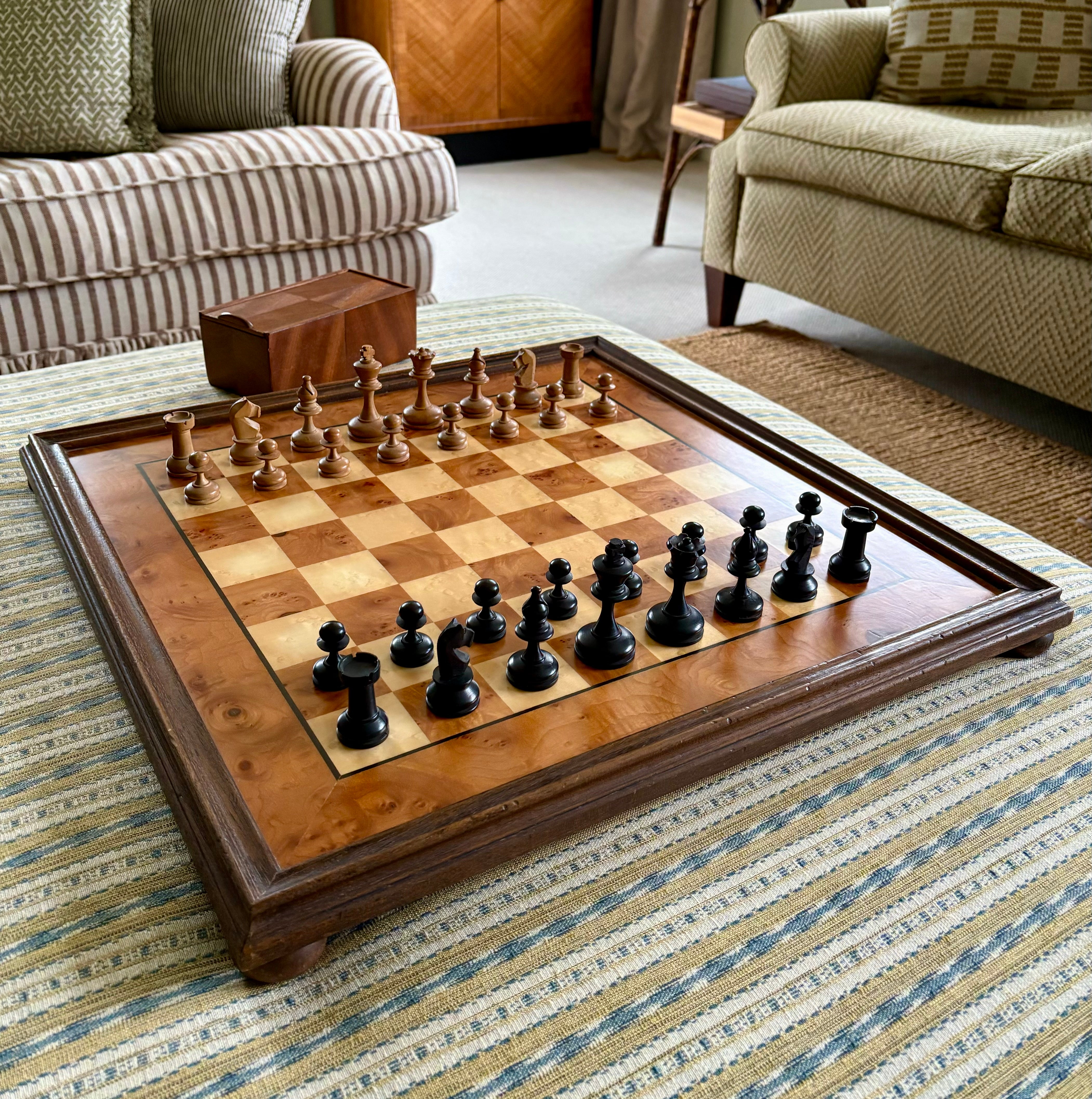 Burr Wood Chess Board And Chess Pieces